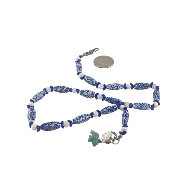 Handcrafted Blue & White Beaded Necklace With Jade Elephant Charm - Picture 4 of 11